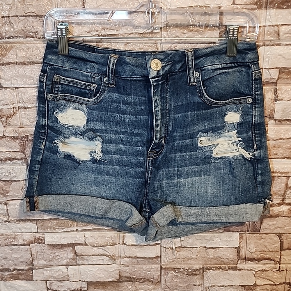 American Eagle Curvy Hi Rise Shortie Distressed Denim Shorts
